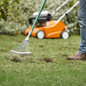 someone raking up thatch off a lawn, with a scarifier in the background