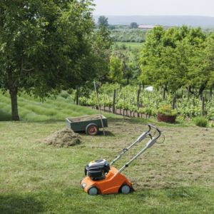The STIHL RL 540 Petrol Lawn Scarifier on a field, in front of a pile of thatch