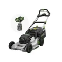 EGO LM1903E-SP Cordless Lawnmower, a battery and charger, all against a white background