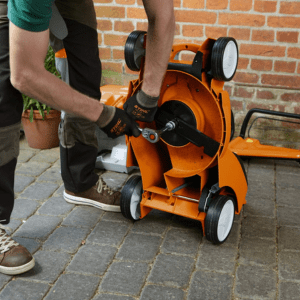 a man removing a lawnmower blade as part of getting his garden machinery serviced
