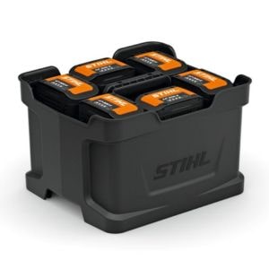 garden machinery batteries in a battery storage container, against a white background