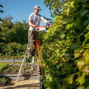 a man in a cap, stood on a Henchman Professional Tripod Ladder, using a STIHL hedge trimmer