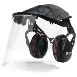 Husqvarna Hearing Protectors with Perspex Visor and Head Cover against a white background