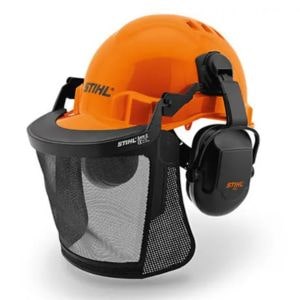 an orange STIHL Function Basic Helmet against a white background