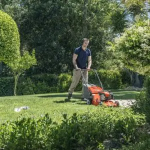 a man mowing a lawn, surrounded by plants and trees