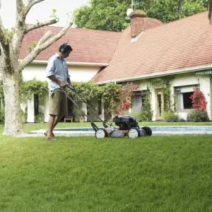 a man using a mulching mower on a lawn, with a house and tree in the background