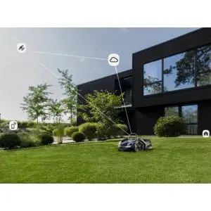 a GPS robotic mower on a lawn, next to a house, with arrows and icons demonstrating how the robomow operates