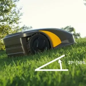 the STIGA G 3600 Robotic Mower on a steep lawn, with a graphic showing the lawn's incline in degrees and as a percentage
