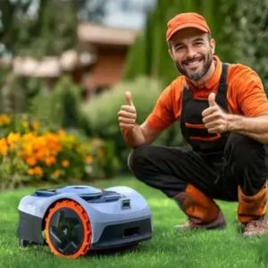 a man wearing an orange cap and black dungarees, crouched down in a garden, next to a grey robotic mower, with his thumbs up