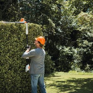 a man wearing an orange hard hat, using a long-reach hedge trimmer to trim the top of a hedge