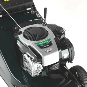 a close up of the Hayter Harrier 41 VS Petrol Lawnmower's engine unit
