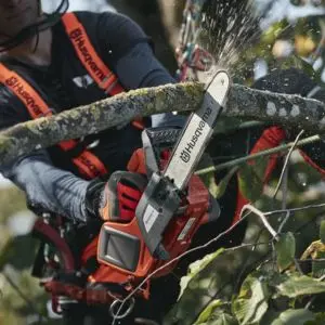 someone using a Husqvarna top handle chainsaw to prune a tree branch with an underhand cut