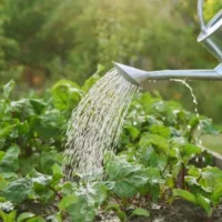 watering garden plants with a watering can