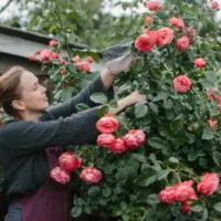 a woman pruning climbing pink roses