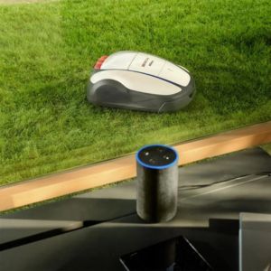 a smart speaker inside a house with a Honda Miimo robot mower outside on the lawn