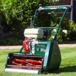 the Allett Kensington 17B Petrol Cylinder Mower on a striped lawn
