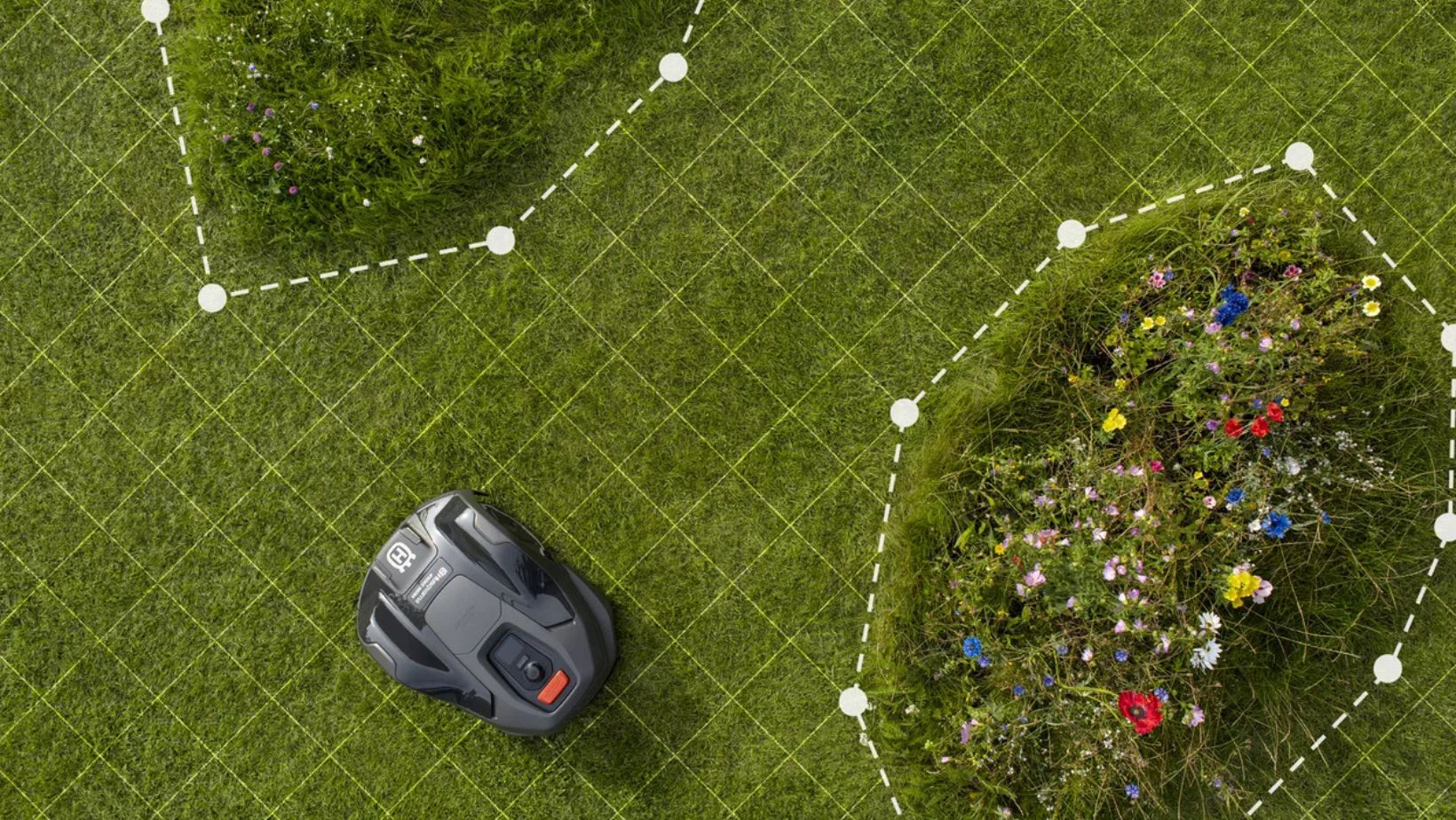 a digitally enhanced image with grids and dotted lines to demonstrate how a robot mower uses virtual boundaries