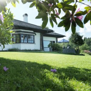a white bungalow and sloping lush, healthy lawn
