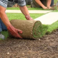 2 people laying new turf