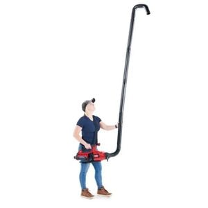 a drawing of a woman wearing a baseball cap, holding a Toro blower fitted with the universal gutter cleaning kit