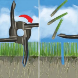 a 2-part graphic showing how tines aerate a lawn
