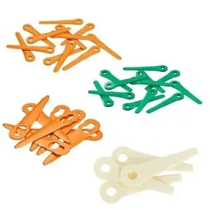 a selection of orange, green and white STIHL PolyCut Plastic Blades against a white background