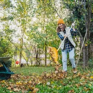 a woman wearing a wooly hat, clearing leaves from a lawn using a yellow rake