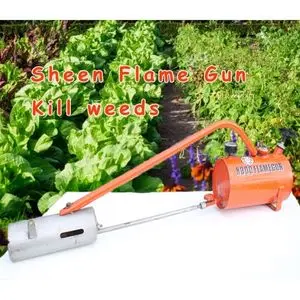 a Sheen flame gun, on a white garden table, next to a caption that reads 'Sheen Flame Gun kill weeds'