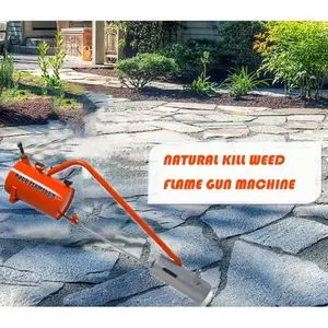 a Sheen garden flame gun, above a patio, next to a caption that reads 'natural kill weed flame gun machine'