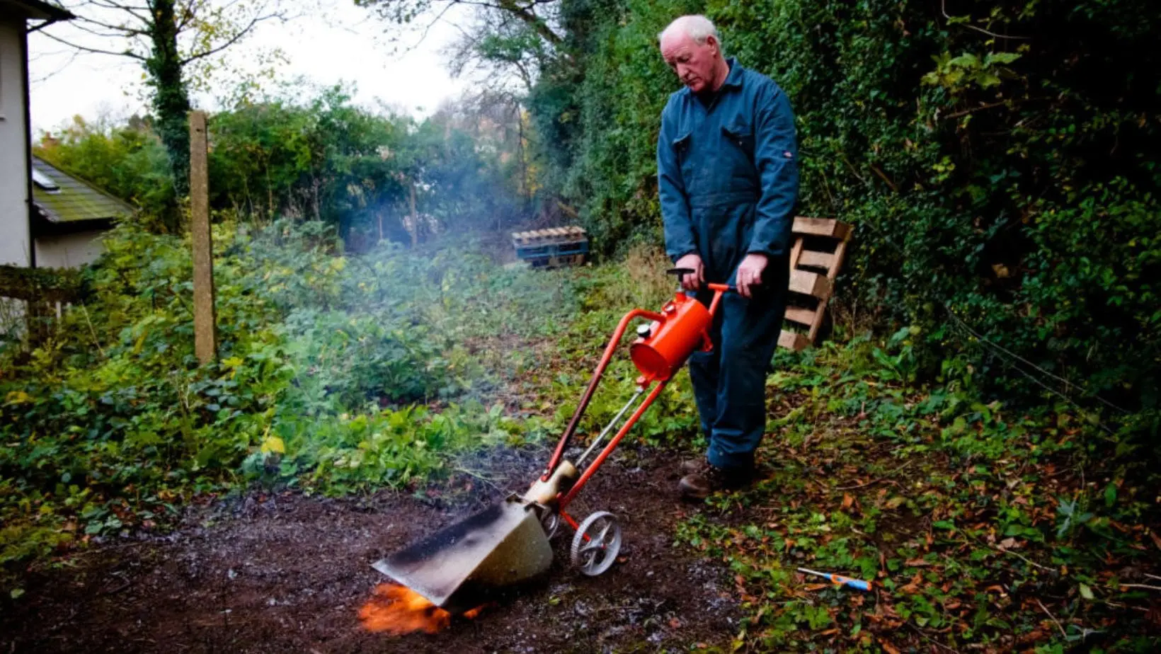 a man dressed in blue overalls, using a Sheen flame gun, with wheeled trolley and protective hood attachments, to incinerate weeds in a garden