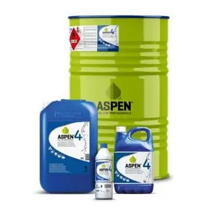 differently sized containers of Aspen 4-Stroke Pre-Mixed Fuel against a white background