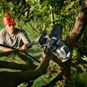 an overhead shot of a man wearing an orange hard hat and sunglasses, using a Husqvarna pole saw to prune a tree