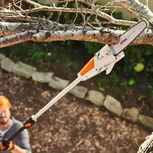 an overhead shot of a man using the STIHL HTA 50 Cordless Pole Pruner to remove a branch from a tree