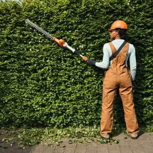 a woman wearing an orange hard hat and dungarees, using the STIHL HLA 40 Cordless Long-Reach Hedge Trimmer to tidy the vertical face of a hedge