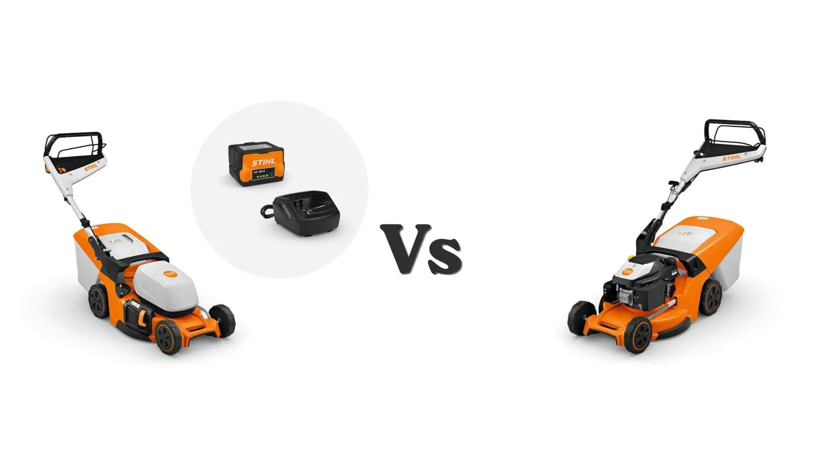 a STIHL RMA 448 Cordless Mower with battery and charger facing a STIHL RM 448 Petrol Lawn Mower, both against a white background, separated by 'Vs' in bold, black letters