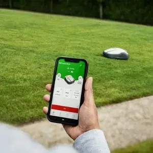a man controlling the Honda Miimo HRM 1500 LIVE Robotic Mower through a smartphone app