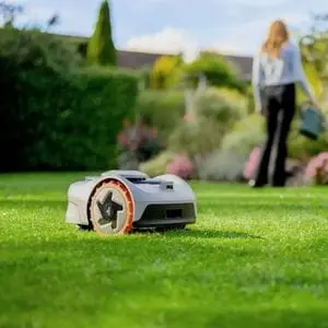a Segway Navimow i105E Robotic Mower on a lawn, with a woman watering a flowerbed in the background