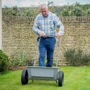 an older man wearing a checked shirt and jeans, pushing The Handy THDS Drop Spreader across a lawn, with garden beds and a stone wall behind him