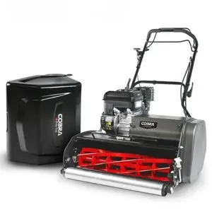 the Cobra Fortis 25B Petrol Cylinder Lawn Mower next to its black grass collector, both against a white background