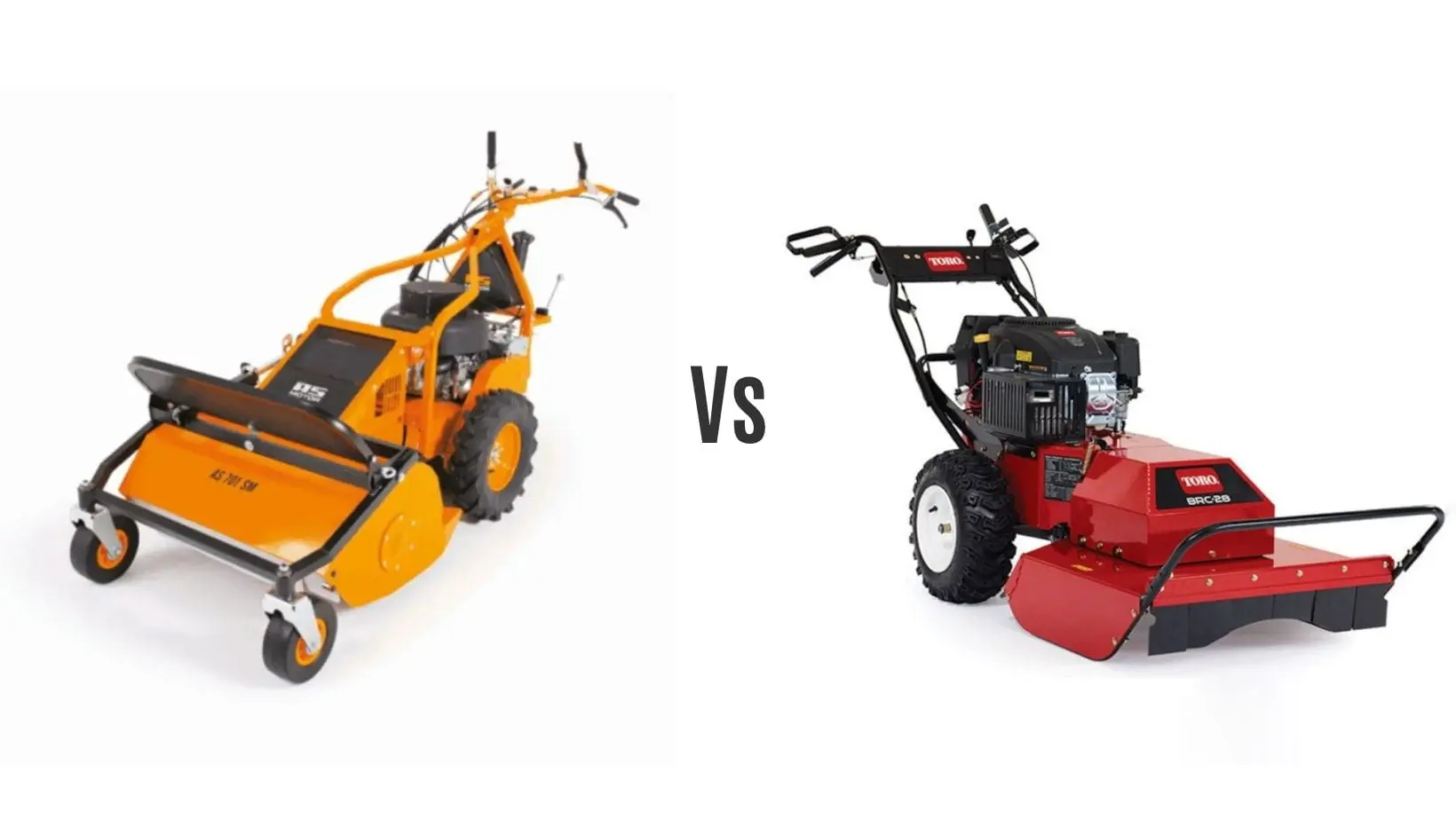 a yellow flail mower facing the opposite direction to a red rough cut mower, with the phrase 'Vs' between them