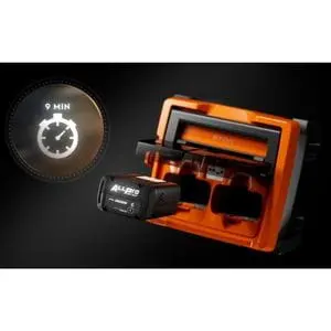 a STIHL ALLPRO battery in front of a dual-port battery charger, next to a clock showing 9 minutes, all against a black background