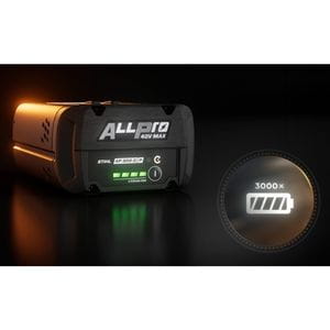 a fully charged STIHL ALLPRO battery next to a circular infographic showing a basic drawing of a battery and the phrase '3000x', all against a black background