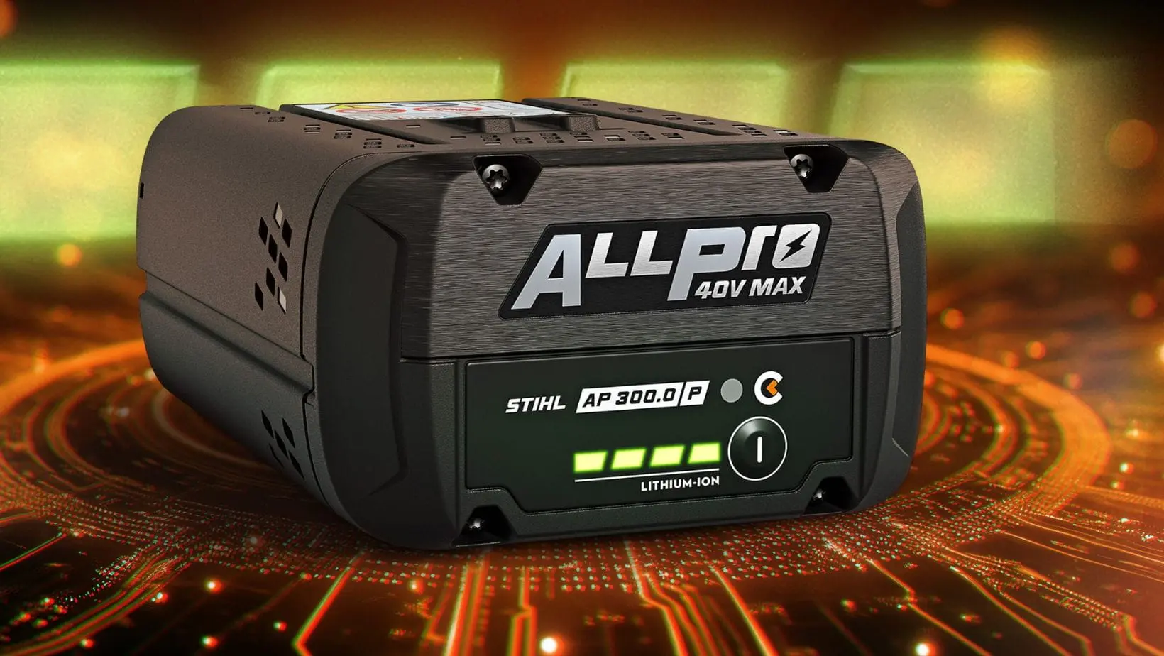 a STIHL AP 300.0 P ALLPRO Lithium-Ion Battery showing a full charge and surrounded by a computer-generated graphic representing an electric circuit