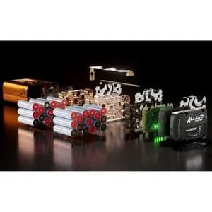 a series of batteries and open STIHL ALLPRO battery casing, designed to represent tabless battery technology