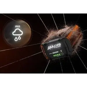 a fully charged STIHL ALLPRO battery at an angle, surrounded by a computer-generated representation of water splashing from all sides, alongside a circular infographic showing a cloud with raindrops and the phrase 'IPX5', all against a black background