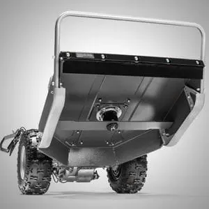 a black and white image of the Weibang Velocity 76 Petrol Field and Brush Mower, tipped up to reveal its cutting blade