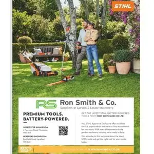 a Ron Smith & Co advertisement for STIHL's premium battery-powered tools, featuring a couple in a garden, alongside various STIHL cordless tools