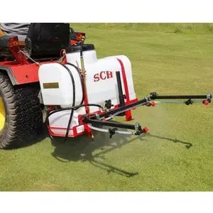 a red compact tractor with an SCH 4MPS Three-Point Linkage Mounted Sprayer attachment, driving across a lawn