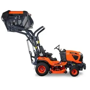 the Kubota G231 Diesel Ride-on Mower with its grass collector in the high-dump position, set against a white background