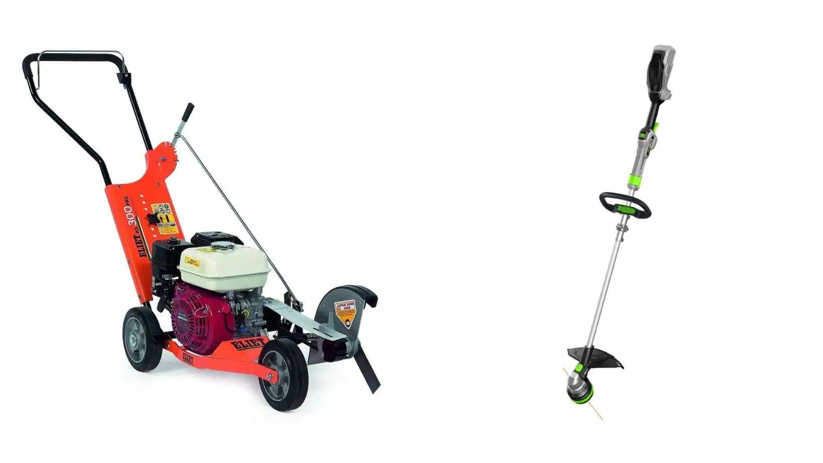 an Eliet lawn edger and EGO strimmer facing each other, against a white background